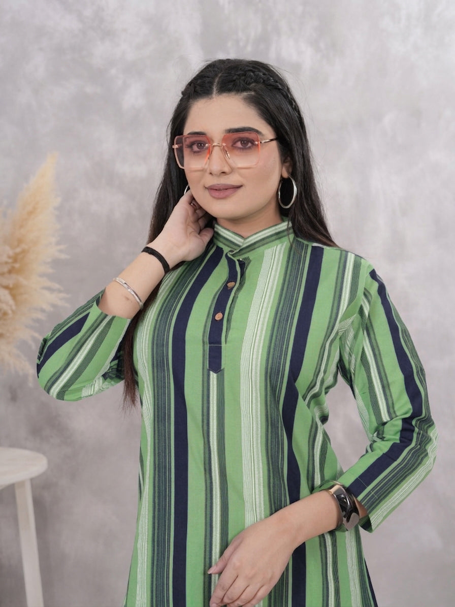 Green & Dark Striped Cotton Tunic