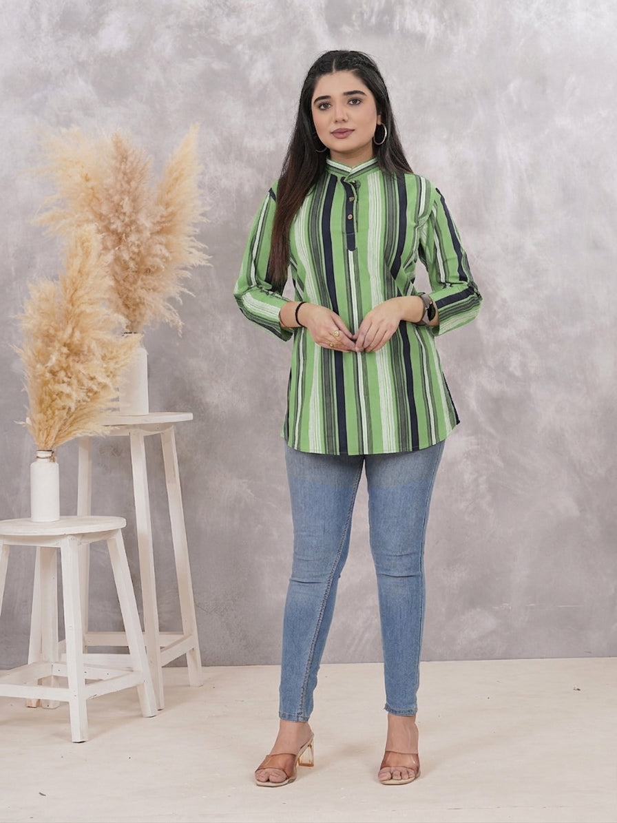 Green & Dark Striped Cotton Tunic