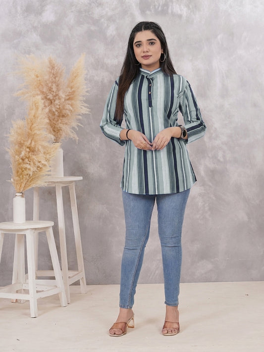 Sage Green & Navy Striped Cotton Tunic