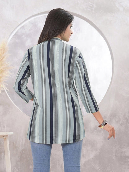 Sage Green & Navy Striped Cotton Tunic