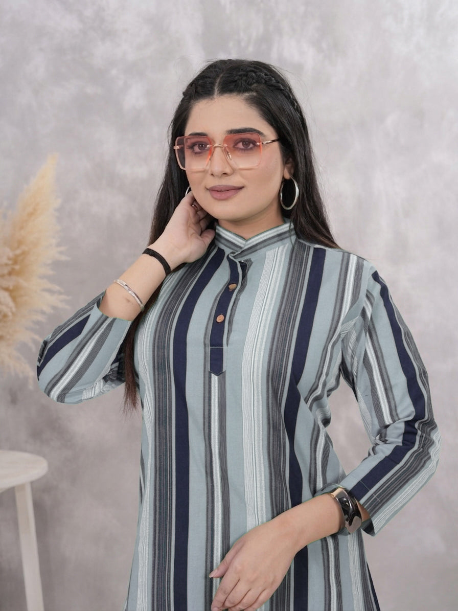 Sage Green & Navy Striped Cotton Tunic