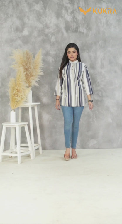 Sage Green & Navy Striped Cotton Tunic